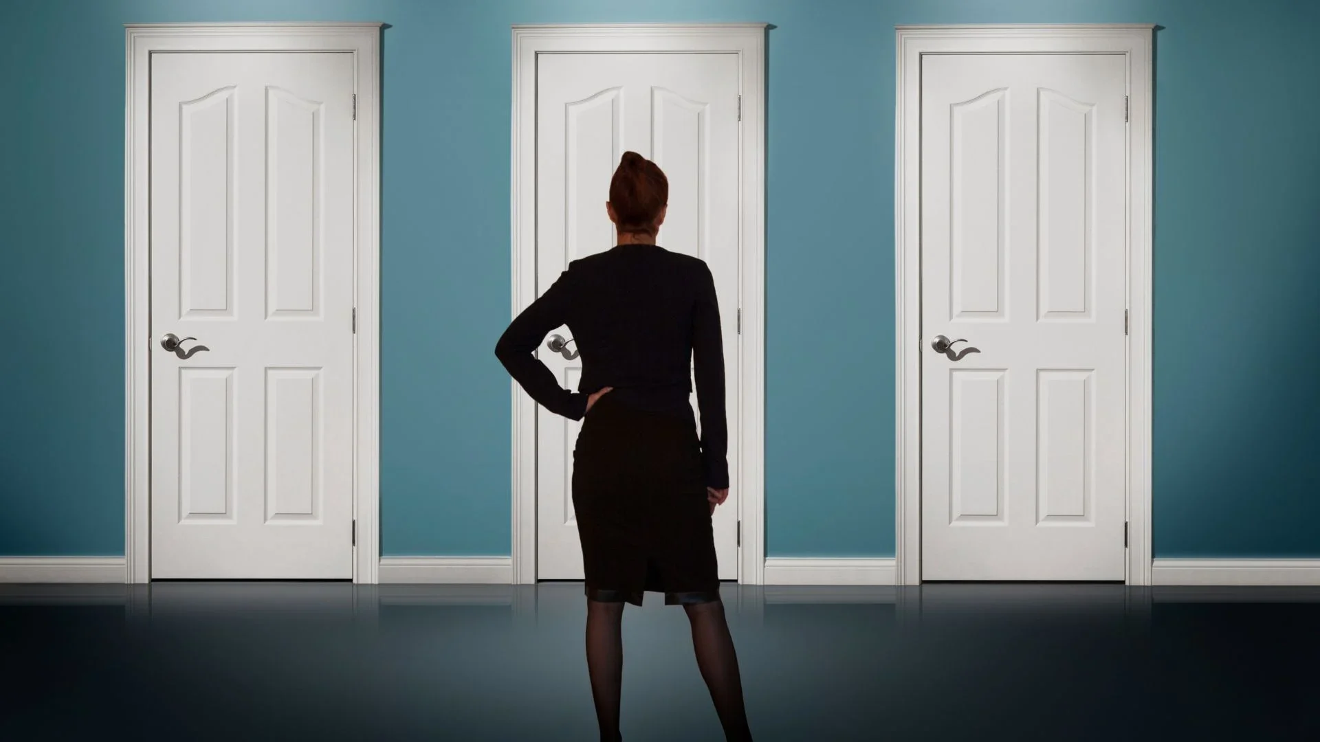 Female leader standing confidently in front of three doors symbolizing decision making leadership and strategic choice