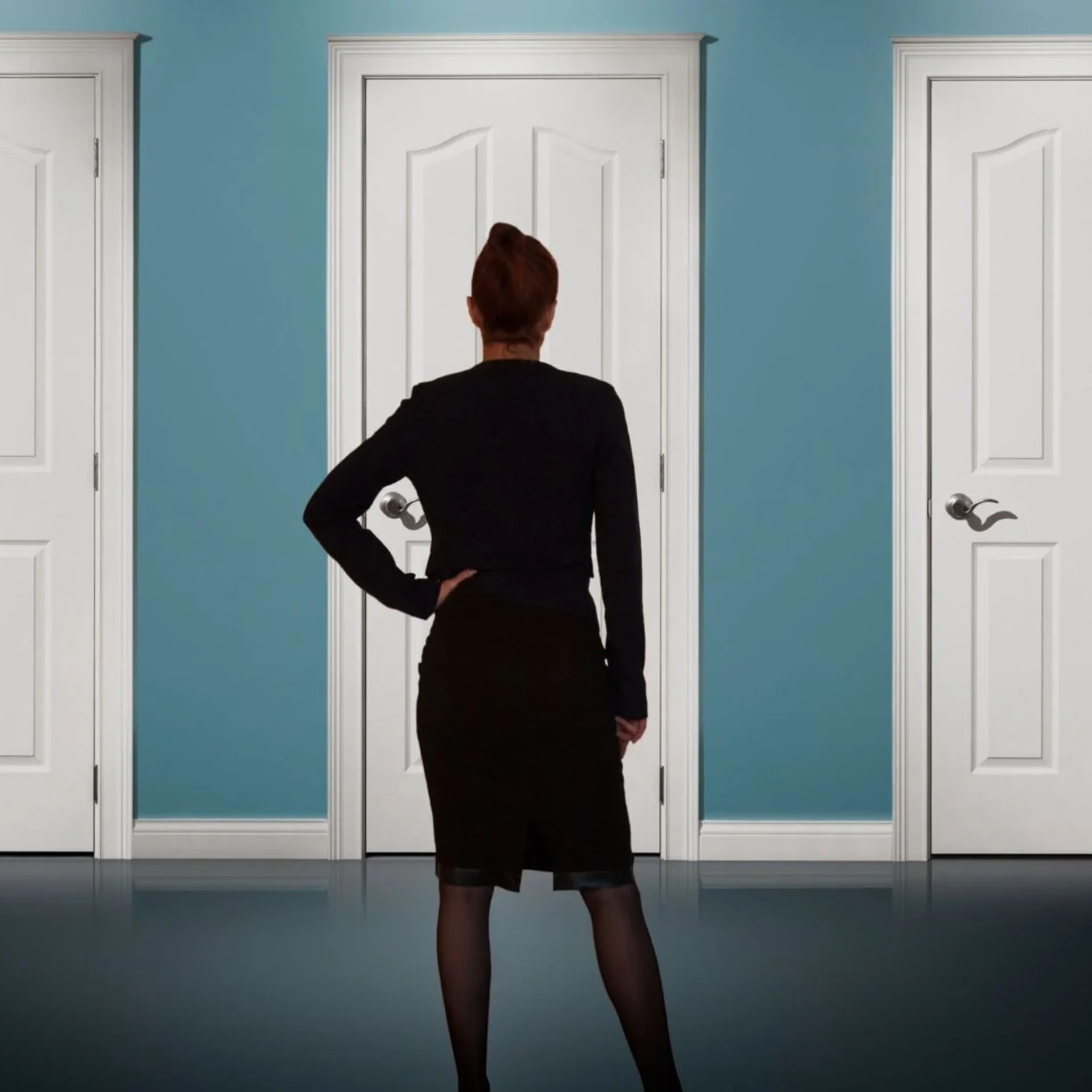 Female leader standing confidently in front of three doors symbolizing decision making leadership and strategic choice